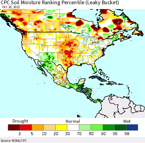 North America CPC Soil Moisture Ranking Percentile (Leaky Bucket) Thematic Map For 10/16/2022 - 10/20/2022