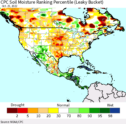 North America CPC Soil Moisture Ranking Percentile (Leaky Bucket) Thematic Map For 10/21/2022 - 10/25/2022