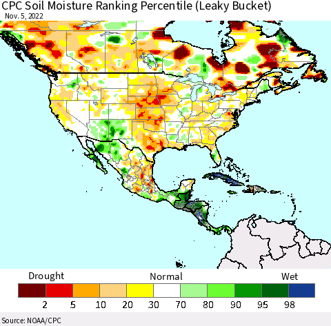 North America CPC Soil Moisture Ranking Percentile (Leaky Bucket) Thematic Map For 11/1/2022 - 11/5/2022