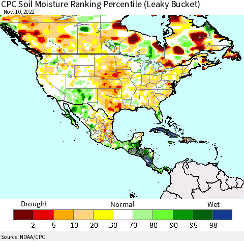 North America CPC Soil Moisture Ranking Percentile (Leaky Bucket) Thematic Map For 11/6/2022 - 11/10/2022