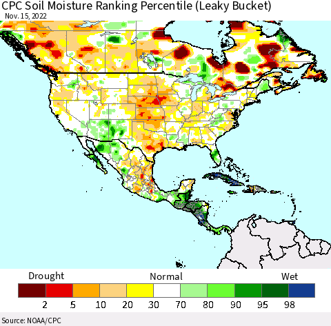 North America CPC Soil Moisture Ranking Percentile (Leaky Bucket) Thematic Map For 11/11/2022 - 11/15/2022