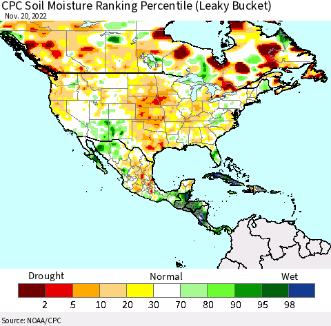 North America CPC Soil Moisture Ranking Percentile (Leaky Bucket) Thematic Map For 11/16/2022 - 11/20/2022