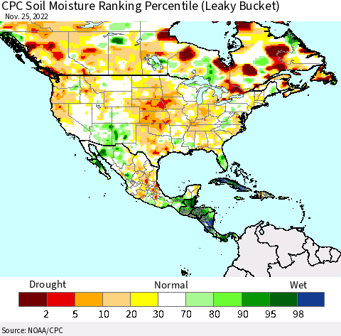 North America CPC Soil Moisture Ranking Percentile (Leaky Bucket) Thematic Map For 11/21/2022 - 11/25/2022