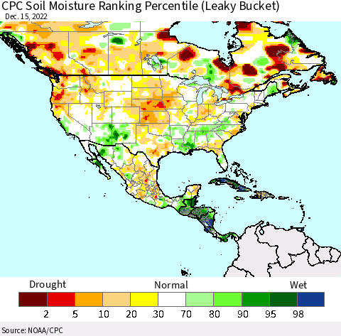 North America CPC Soil Moisture Ranking Percentile (Leaky Bucket) Thematic Map For 12/11/2022 - 12/15/2022