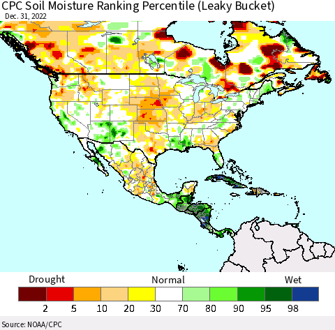 North America CPC Soil Moisture Ranking Percentile (Leaky Bucket) Thematic Map For 12/26/2022 - 12/31/2022