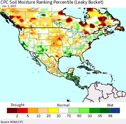 North America CPC Soil Moisture Ranking Percentile (Leaky Bucket) Thematic Map For 1/1/2023 - 1/5/2023