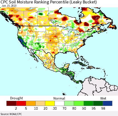 North America CPC Soil Moisture Ranking Percentile (Leaky Bucket) Thematic Map For 1/11/2023 - 1/15/2023