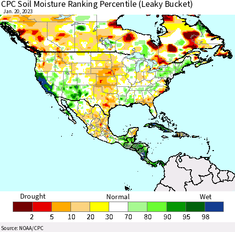 North America CPC Soil Moisture Ranking Percentile (Leaky Bucket) Thematic Map For 1/16/2023 - 1/20/2023