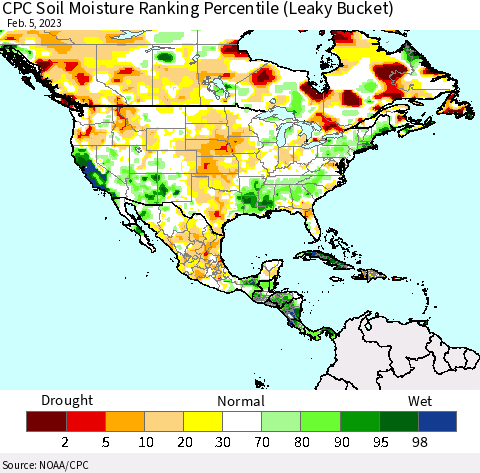 North America CPC Soil Moisture Ranking Percentile (Leaky Bucket) Thematic Map For 2/1/2023 - 2/5/2023