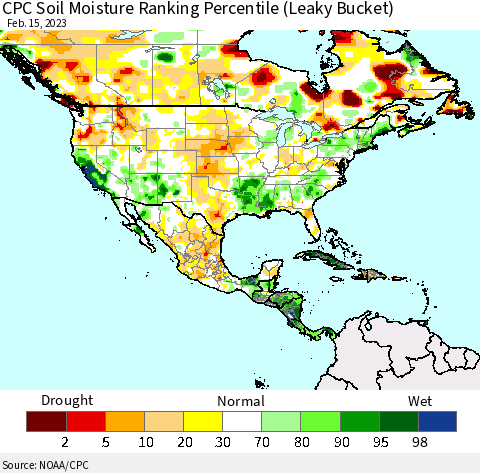 North America CPC Soil Moisture Ranking Percentile (Leaky Bucket) Thematic Map For 2/11/2023 - 2/15/2023