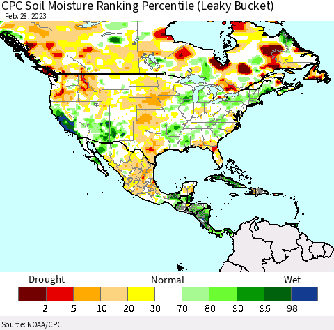 North America CPC Soil Moisture Ranking Percentile (Leaky Bucket) Thematic Map For 2/26/2023 - 2/28/2023