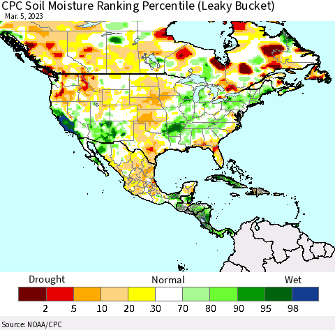 North America CPC Soil Moisture Ranking Percentile (Leaky Bucket) Thematic Map For 3/1/2023 - 3/5/2023