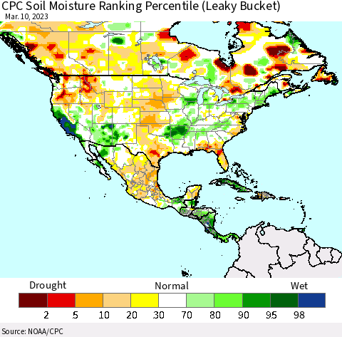 North America CPC Soil Moisture Ranking Percentile (Leaky Bucket) Thematic Map For 3/6/2023 - 3/10/2023