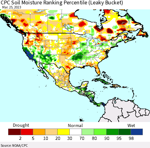 North America CPC Soil Moisture Ranking Percentile (Leaky Bucket) Thematic Map For 3/21/2023 - 3/25/2023