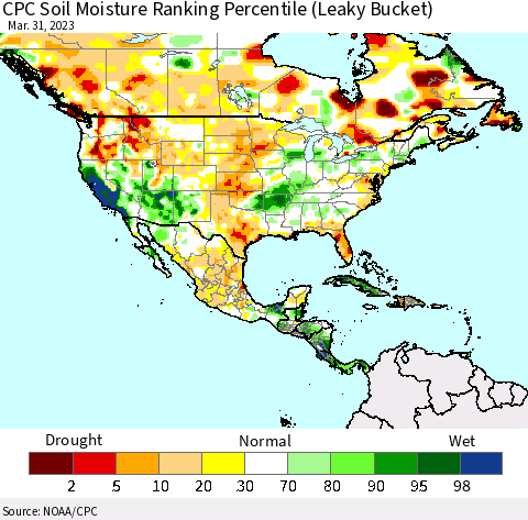 North America CPC Soil Moisture Ranking Percentile (Leaky Bucket) Thematic Map For 3/26/2023 - 3/31/2023