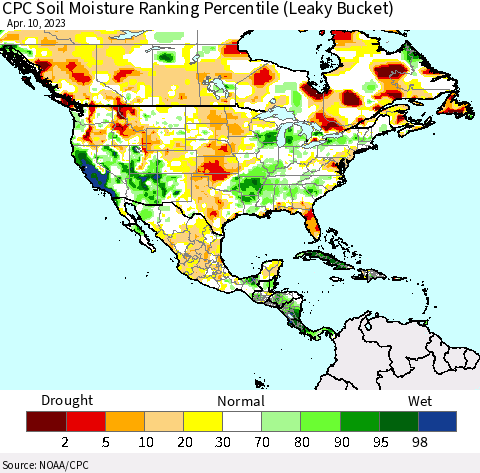 North America CPC Soil Moisture Ranking Percentile (Leaky Bucket) Thematic Map For 4/6/2023 - 4/10/2023