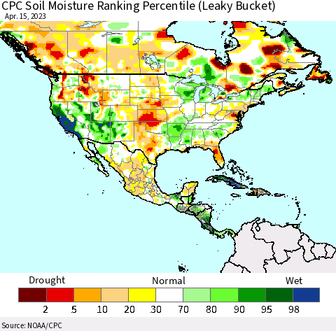 North America CPC Soil Moisture Ranking Percentile (Leaky Bucket) Thematic Map For 4/11/2023 - 4/15/2023