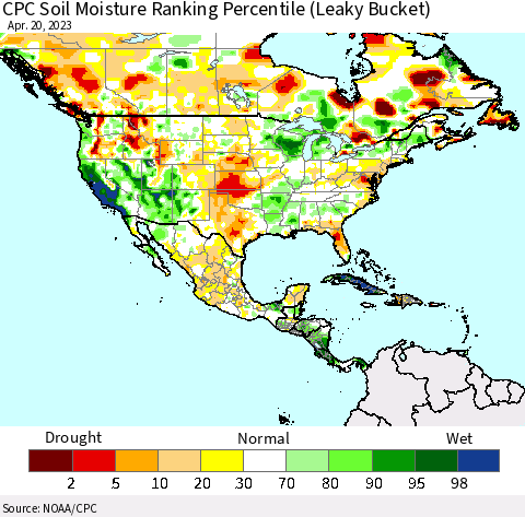North America CPC Soil Moisture Ranking Percentile (Leaky Bucket) Thematic Map For 4/16/2023 - 4/20/2023