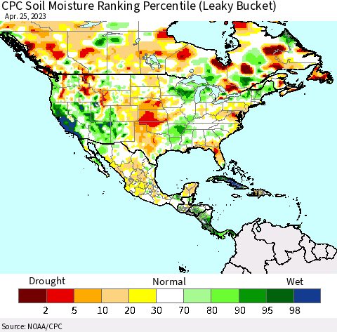 North America CPC Soil Moisture Ranking Percentile (Leaky Bucket) Thematic Map For 4/21/2023 - 4/25/2023