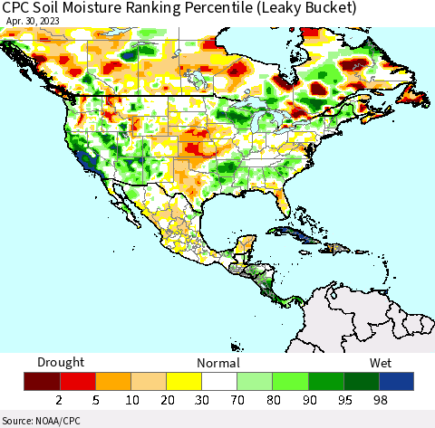 North America CPC Soil Moisture Ranking Percentile (Leaky Bucket) Thematic Map For 4/26/2023 - 4/30/2023