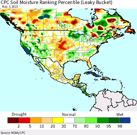 North America CPC Soil Moisture Ranking Percentile (Leaky Bucket) Thematic Map For 5/1/2023 - 5/5/2023