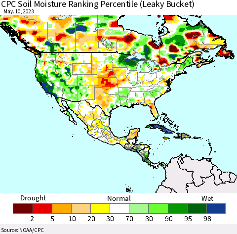 North America CPC Soil Moisture Ranking Percentile (Leaky Bucket) Thematic Map For 5/6/2023 - 5/10/2023