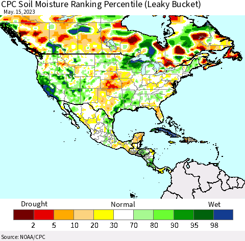North America CPC Soil Moisture Ranking Percentile (Leaky Bucket) Thematic Map For 5/11/2023 - 5/15/2023