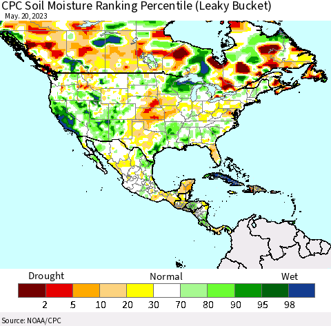North America CPC Soil Moisture Ranking Percentile (Leaky Bucket) Thematic Map For 5/16/2023 - 5/20/2023