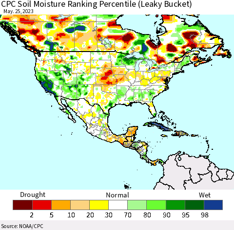 North America CPC Soil Moisture Ranking Percentile (Leaky Bucket) Thematic Map For 5/21/2023 - 5/25/2023