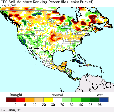North America CPC Soil Moisture Ranking Percentile (Leaky Bucket) Thematic Map For 5/26/2023 - 5/31/2023