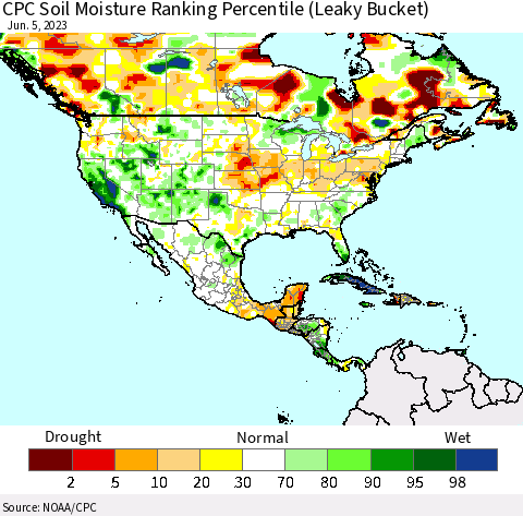 North America CPC Soil Moisture Ranking Percentile (Leaky Bucket) Thematic Map For 6/1/2023 - 6/5/2023