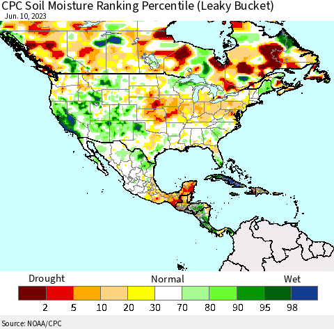 North America CPC Soil Moisture Ranking Percentile (Leaky Bucket) Thematic Map For 6/6/2023 - 6/10/2023