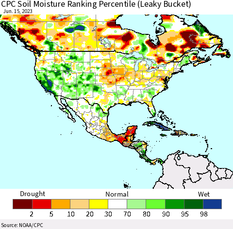 North America CPC Soil Moisture Ranking Percentile (Leaky Bucket) Thematic Map For 6/11/2023 - 6/15/2023
