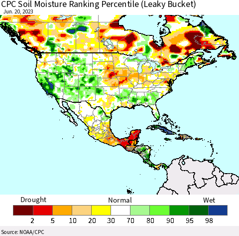 North America CPC Soil Moisture Ranking Percentile (Leaky Bucket) Thematic Map For 6/16/2023 - 6/20/2023