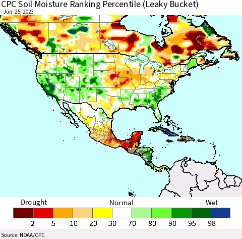 North America CPC Soil Moisture Ranking Percentile (Leaky Bucket) Thematic Map For 6/21/2023 - 6/25/2023