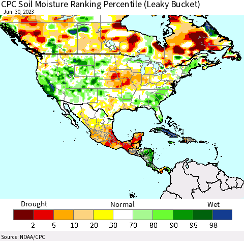 North America CPC Soil Moisture Ranking Percentile (Leaky Bucket) Thematic Map For 6/26/2023 - 6/30/2023