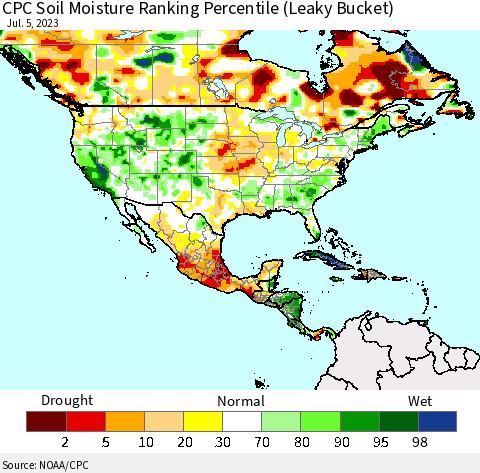 North America CPC Soil Moisture Ranking Percentile (Leaky Bucket) Thematic Map For 7/1/2023 - 7/5/2023
