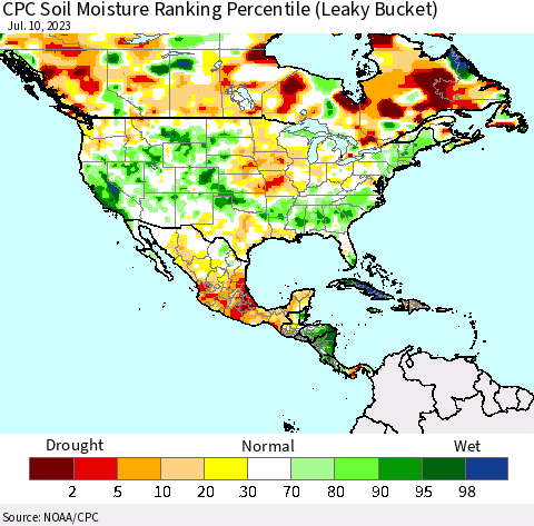 North America CPC Soil Moisture Ranking Percentile (Leaky Bucket) Thematic Map For 7/6/2023 - 7/10/2023