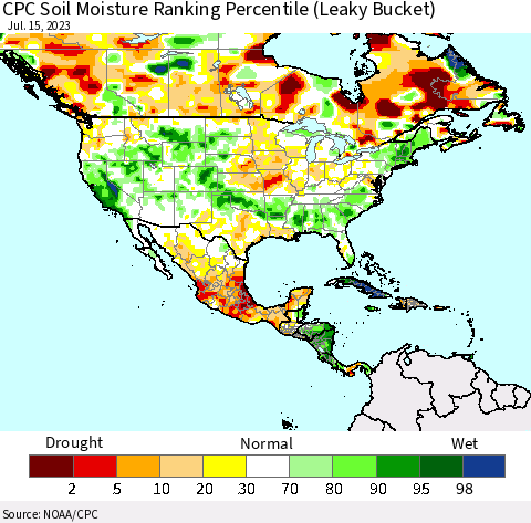 North America CPC Soil Moisture Ranking Percentile (Leaky Bucket) Thematic Map For 7/11/2023 - 7/15/2023