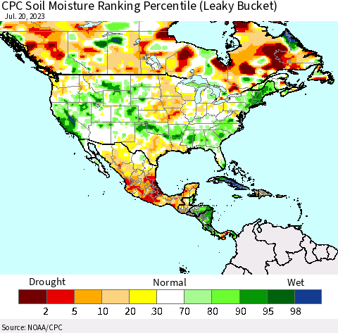 North America CPC Soil Moisture Ranking Percentile (Leaky Bucket) Thematic Map For 7/16/2023 - 7/20/2023