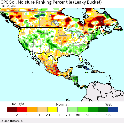 North America CPC Soil Moisture Ranking Percentile (Leaky Bucket) Thematic Map For 7/21/2023 - 7/25/2023