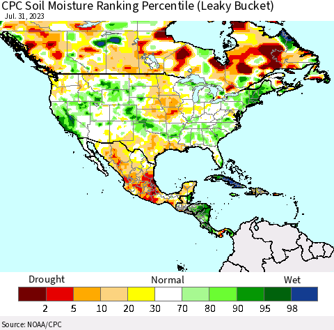 North America CPC Soil Moisture Ranking Percentile (Leaky Bucket) Thematic Map For 7/26/2023 - 7/31/2023