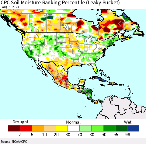North America CPC Soil Moisture Ranking Percentile (Leaky Bucket) Thematic Map For 8/1/2023 - 8/5/2023
