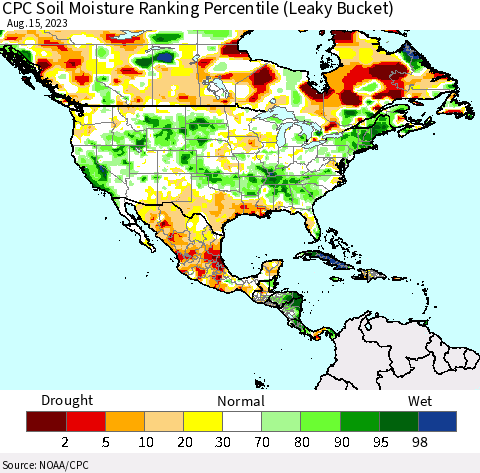 North America CPC Soil Moisture Ranking Percentile (Leaky Bucket) Thematic Map For 8/11/2023 - 8/15/2023