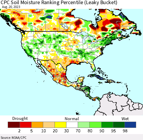 North America CPC Soil Moisture Ranking Percentile (Leaky Bucket) Thematic Map For 8/16/2023 - 8/20/2023