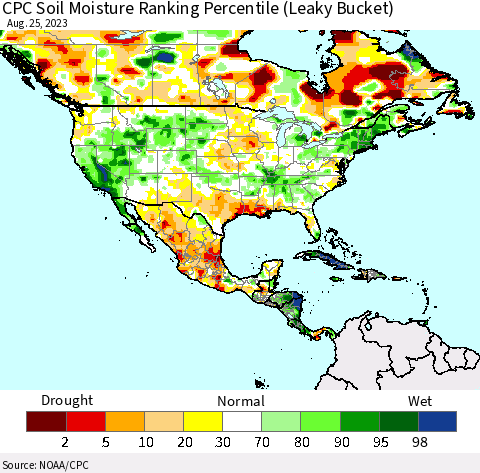 North America CPC Soil Moisture Ranking Percentile (Leaky Bucket) Thematic Map For 8/21/2023 - 8/25/2023