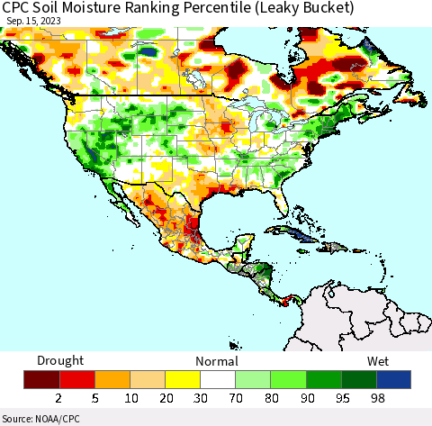 North America CPC Soil Moisture Ranking Percentile (Leaky Bucket) Thematic Map For 9/11/2023 - 9/15/2023