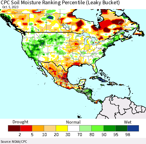 North America CPC Soil Moisture Ranking Percentile (Leaky Bucket) Thematic Map For 10/1/2023 - 10/5/2023