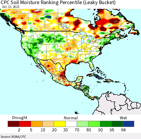 North America CPC Soil Moisture Ranking Percentile (Leaky Bucket) Thematic Map For 10/11/2023 - 10/15/2023