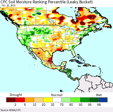 North America CPC Soil Moisture Ranking Percentile (Leaky Bucket) Thematic Map For 10/16/2023 - 10/20/2023
